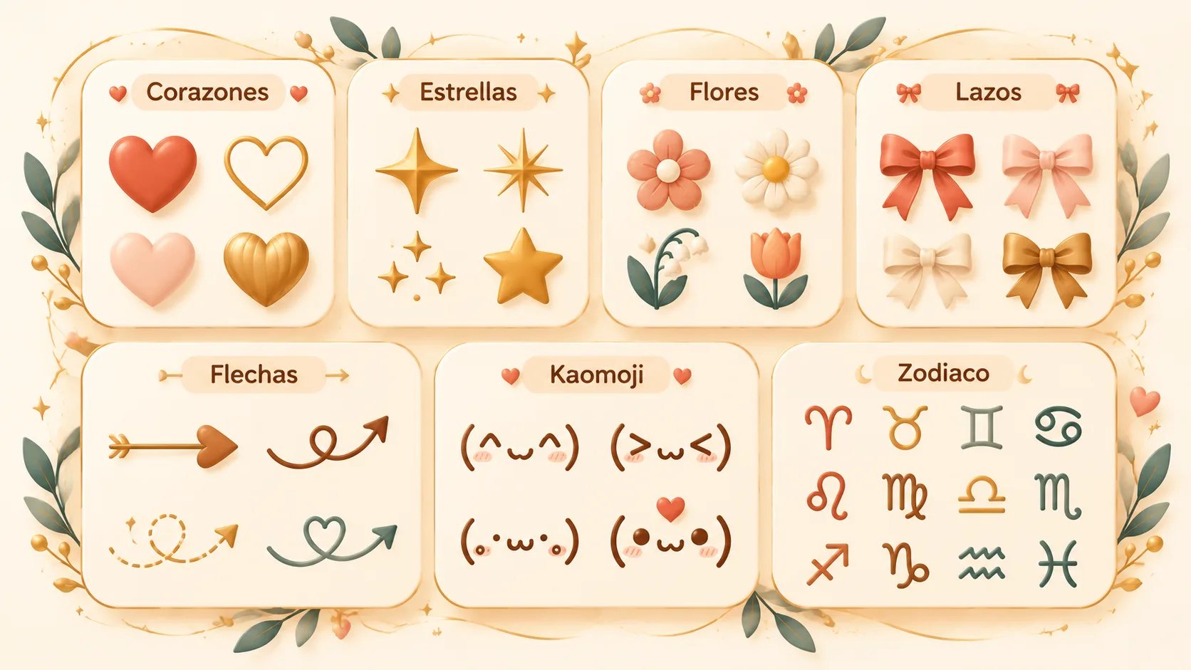 categorías de símbolos aesthetic: corazones, estrellas, flores y caracteres decorativos