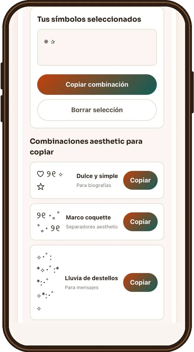 símbolos seleccionados y combinaciones listas para copiar
