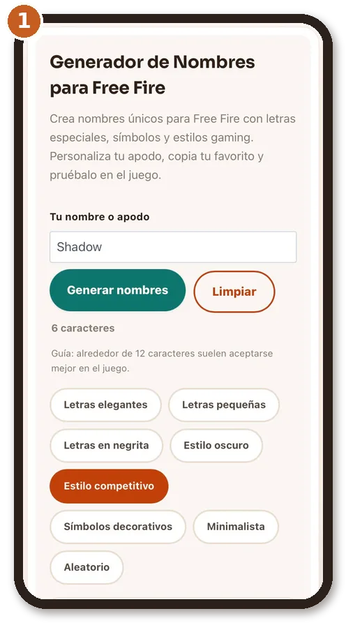 Generador de nombres para Free Fire generador de apodos con un nombre escrito y estilos para elegir