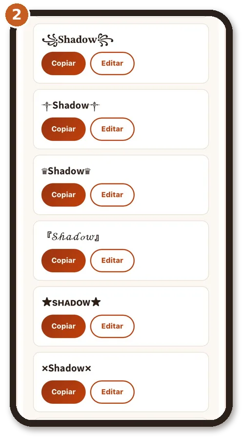 Nombres generados para copiar lista de apodos generados con el nombre Shadow en varios estilos y botones para copiar